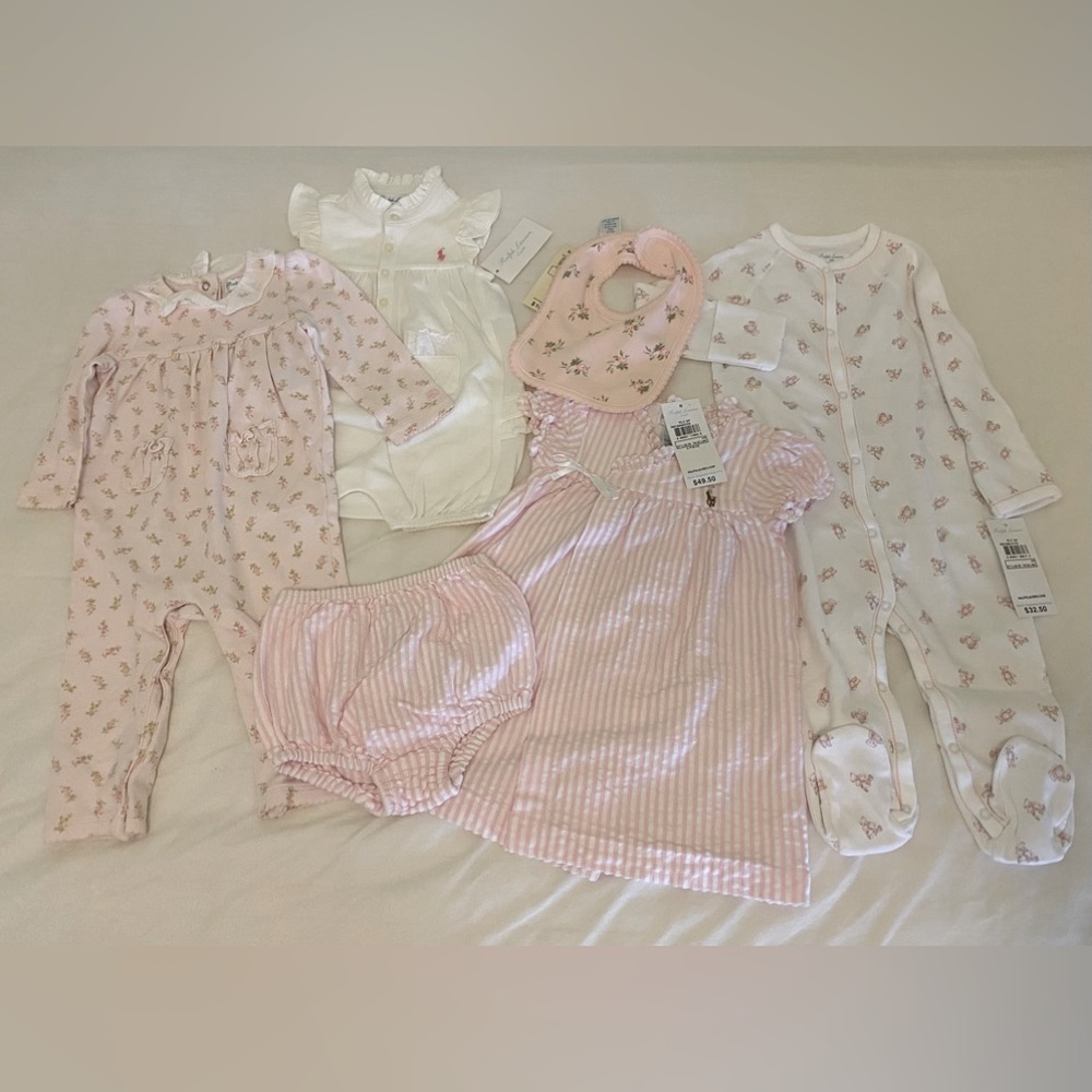 NWT Ralph Lauren Layette Pink & Floral Dress, Romper, One Piece, Pajama & Bib